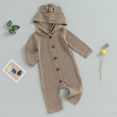 0-12M Autumn Baby Boys Girls Cute Romper Solid Color Long Sleeve Single Breasted Hooded Jumpsuits