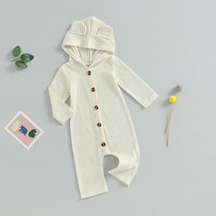 0-12M Autumn Baby Boys Girls Cute Romper Solid Color Long Sleeve Single Breasted Hooded Jumpsuits