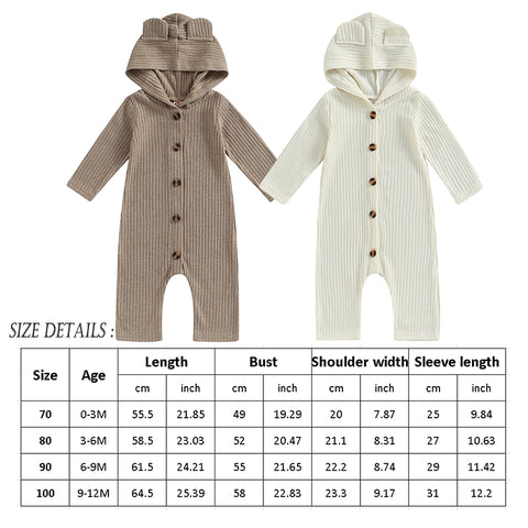 0-12M Autumn Baby Boys Girls Cute Romper Solid Color Long Sleeve Single Breasted Hooded Jumpsuits